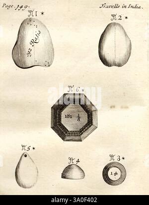 The Six Voyages of John Baptista Tavernier, London, gedruckt für R.L. und M. P, 1678 Indien, Türkei, Iran Beschreibung und Reise, Reisen und Reisen, die Illustration zeigt eine Reihe von unterschiedlich geformten Muscheln und ihre detaillierten Abbildungen, die jeweils sorgfältig mit einer Nummer und einem Verweis auf ihre Herkunft gekennzeichnet sind, speziell von Reisen in Indien. Die abgebildeten Schalen umfassen eine abgerundete, unregelmäßige Form, ein glattes, reißförmiges Exemplar, eine sechseckige Schale und andere, die eine Reihe von Texturen und Mustern aufweisen. Die akribischen Linien und Schattierungen betonen die einzigartigen Eigenschaften der einzelnen Schalenelemente, Ref Stockfoto