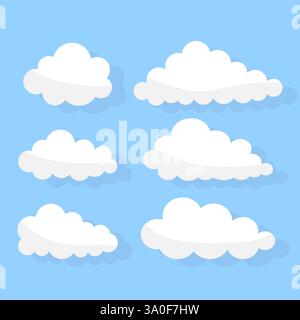 Weiße Wolken gesetzt. Himmelselemente. Cartoon flauschige Formen. Blauer Hintergrundvektor. Stock Vektor