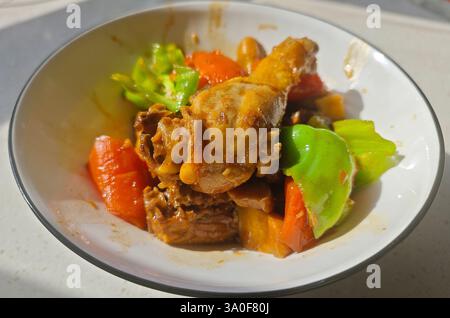 Seitenansicht des frisch geschmorten Hähnchens mit grüner Paprika und OrangenKarotten in der Schüssel Stockfoto
