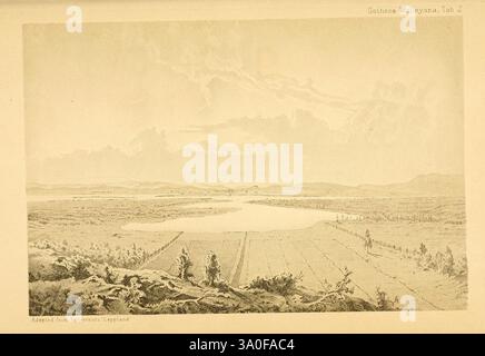 Ootheca Wolleyana London, verkauft von R. H. Porter, 1864–1907., die Szene zeigt eine weite Landschaft mit sanften Hügeln und einem weiten Himmel, gekennzeichnet durch eine weiche, bewölkte Atmosphäre. Ein gewundener Wasserkörper durchschneidet den Vordergrund und reflektiert das umliegende Gelände. Dünne Vegetationsansammlungen entlang der Wasserränder, während eine Reihe von Linien auf das Vorhandensein von Ackerflächen oder Feldern in der Ferne hindeutet, was auf menschliche Präsenz in dieser ruhigen Umgebung hindeutet. Das Zusammenspiel von Licht und Schatten sorgt für mehr Tiefe und betont die natürlichen Konturen des Landes und die ruhige Stimmung der Szene. Stockfoto