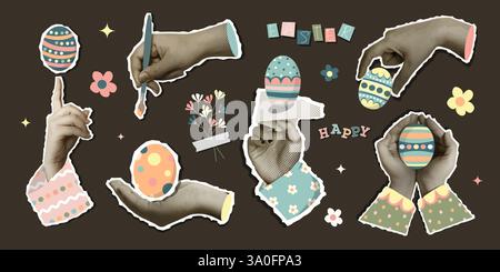 Set mit Ostermotiv-Collage-Illustrationen mit Eiern und Händen, Vektor-Illustration Stock Vektor