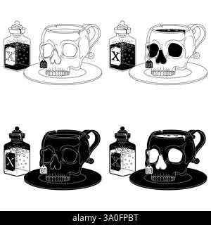 Menschlicher Schädel Geformter Porzellan-Teetasse, Schädel Geformter Kaffeetasse Magischer Trank-Cup, Halloween Dämonic Cup Stock Vektor