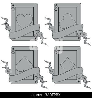 Pokerkarte, umgeben von einem Band, Poker-Symbole von Herz, Diamant, Club und Ass Stock Vektor