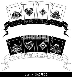 Pokerkarten umgeben von einem Band, Pokersymbole mit Herz, Diamant, Schläger und Ass mit verschiedenen Schädeldesigns Stock Vektor