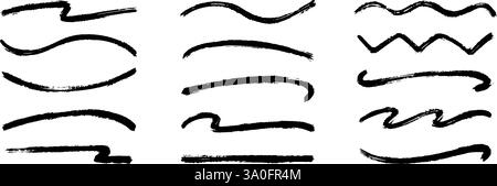 Gerade, Zick-Zack- und wellige Farblinie. Sammlung von Pinselstrichen mit dicken Skizzen. Raue Streifen mit Holzkohle für Hervorhebung, Unterstreichen und Hervorhebung. Vektor Hand gezeichnete strukturierte Kreide Streifen Stock Vektor