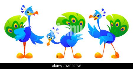 Niedliches Cartoon-Set mit hellblauen Körpern, leuchtend grünen Schwanzfedern und orangefarbenem Schnabel. Ausdrucksstarke Vogelmaskottchen in verschiedenen Stellungen - hoch stehend, lehnend, wandelnd und winkend. Stock Vektor