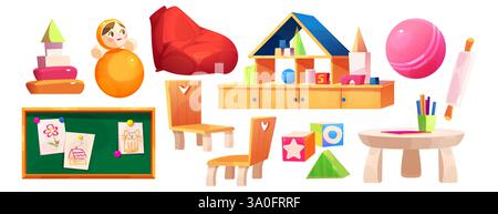 Kindergartenartikel mit Spielzeug und Holzmöbeln - Bauklötze und Ball, Sitzsack und Puppe, Pinnwand mit angesteckten Kinderzeichnungen, Stühle und Tisch mit Kunstzubehör für die Kindergartengestaltung. Stock Vektor