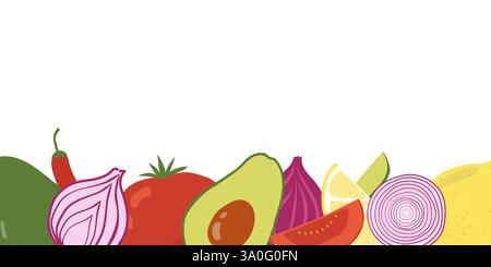 Gesunde Lebensmittel Bio-Gemüse. Handgezogene Tomaten, rote Zwiebeln, Avocado, Zitrone und Chili. Stock Vektor