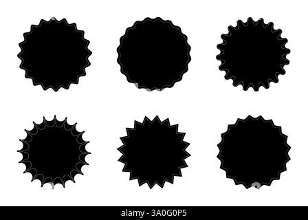 Set mit sechs schwarzen Abzeichen-Silhouetten mit dekorativen Kanten isoliert auf weißem Hintergrund. Starburst-Aufkleber. Geometrische Etiketten für Embleme und Design Stock Vektor