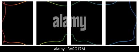 Set aus vier vertikalen schwarzen Hintergründen mit abstrakten Wellenlinien. Modernes minimalistisches Schablonendesign. Abstrakter Rahmen mit Kopierraum Stock Vektor