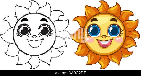 Fröhliche Zeichentrick-Sonnenillustration in Farbe und schwarzen Umrissversionen Stock Vektor