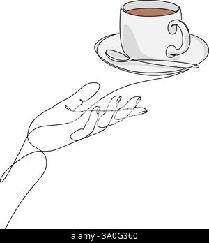 Durchgehende, einzeilige Zeichnung einer Hand, die eine Tasse Kaffee hält. Minimalistisches Design, einzeilige Vektorillustration Stock Vektor