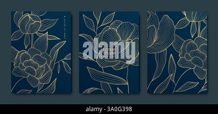 Vektorsatz goldene Blumenkarten, elegante Blattlinien-Rahmen, Einladungen im japanischen Stil. Erinnerung, Begräbnisvorlagen, Luxus zur Begrüßung Stock Vektor