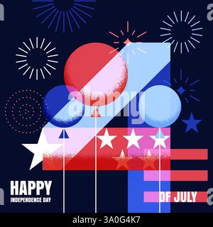 Happy USA Unabhängigkeitstag Grußkarte, Banner, Poster Design Vorlage. 4. Juli Feiertagshintergrund mit amerikanischer Flagge, Luftballons, Sternen, Stri Stock Vektor
