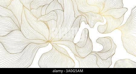 Vektor-goldene Blume Linie Illustration, blumiger Luxus abstrakter Hintergrund, Frühling romantische Karte, botanisches elegantes Ornament, Druck. Stock Vektor