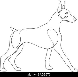 Durchgehende einzeilige Zeichnung des Doberman-Hundes, Seitenansicht. Doberman Pinscher handgezeichnetes einzeiliges Design. Minimalistisches Vektor-Illustrat im Kunststil Stock Vektor