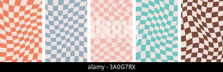 Grooviger Verzerrter Karierter Hintergrund. Retro Twisted Trendy Waves Trippy Grid. Sammlung isolierter handgezeichneter Rechteckvorlagen. Hippie-Ästhetik Stock Vektor