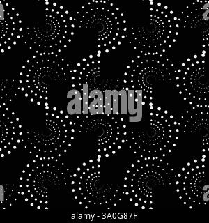 Ein nahtloses schwarzes und weißes spiralförmiges Punktmuster. Die Punkte sind so angeordnet, dass ein Gefühl von Bewegung und Energie entsteht. Stock Vektor