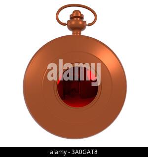 Ein runder Vintage-Wecker mit glänzendem Kupfer-Äußere zeigt ein leuchtend rotes Interieur. Die Uhr verfügt über ein schlichtes Design und verbessert jedes Revers Stockfoto