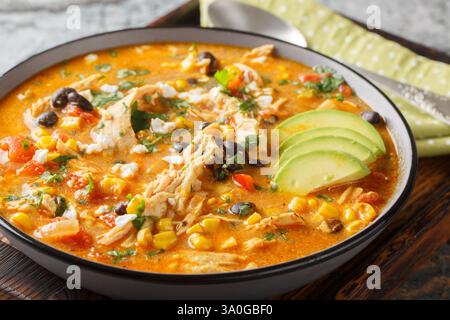 Mexikanisches Essen Chicken Enchilada Suppe scharf, herzhaft und dicker Nahaufnahme auf dem Teller auf dem Tisch. Horizontal Stockfoto