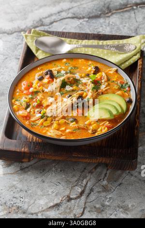 Hühnchen Enchilada Suppe ist cremig, dick, sehr angenehm, und köstliche Nahaufnahme auf dem Teller auf dem Tisch. Vertikal Stockfoto