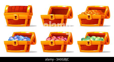 Set Truhen mit Goldmünzen und Edelsteinen. Geschlossene und offene Holzkiste, leer und voller Smaragde und Topase. Piratenschatz. Spiel-ui-Symbole. Schmuck Stock Vektor