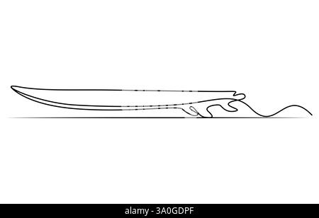 Single One Line Drawing Surfboard, Surfer steht am Strand und hält Surfbrett, Stock Vektor