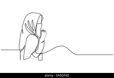 Frau im Hijab betend einzeilige Zeichnung Vektor, durchgehende einzeilige muslimische Frauen zeichnen Stock Vektor