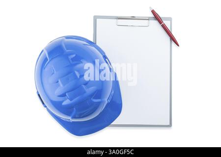 Blauer Bauhelm Und Klemmbrett Isoliert Stockfoto
