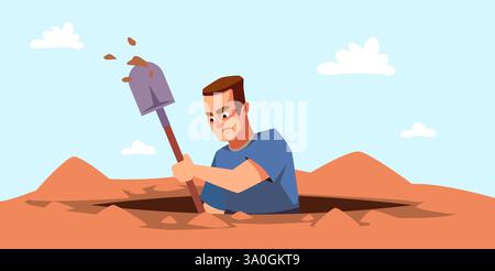 Der Mensch gräbt ein Loch in den Boden. Trauriger Arbeiter, der eine Schaufel hält. Geschäftsmann gräbt Tunnel. Discovery und Bergbau. Suche nach Schätzen oder neuen Gelegenheiten. Cartoon Stock Vektor