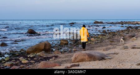 Panorama-Frau mit gelber Regenjacke geht mit ihrem Hund am Strand auf Rügen an der Ostsee Stockfoto