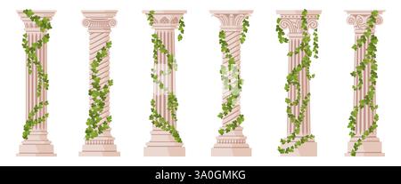 Ivy-Säulen. Marmorarchitektur mit Krippenbezügen, griechische Steinsäulen, dekorative grüne Pflanzen, klassische Gebäudestützen, Zeichentrickfilm Stock Vektor