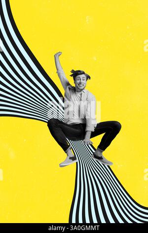 Poster Foto vertikale Collage von Happy Guy Jump Zebramuster Vorstellungskraft Kritzelung gestreifte Kunst Inspiration lustiges Hypnose-Konzept Stockfoto