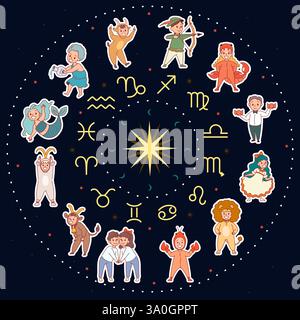 Lustiger Kinderzodiakkreis. Niedliche Kinder in astrologischen Zeichen Kostümen, Baby-Rundhoroskop, Aries, Stier, Gemini, Krebs, rundes Emblem, Zeichentrick Stock Vektor