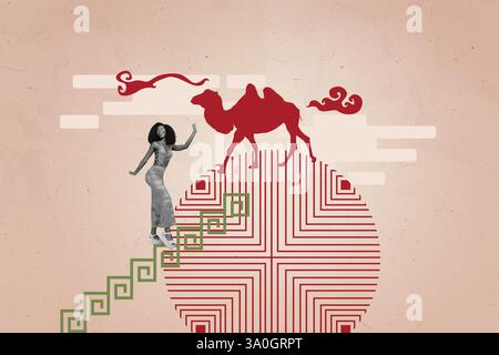 Trend Artwork Vorlage Design 3D Collage Skizze der Kultur Ornament Design orientalische Textur Kamel Tier Wolke junge Dame Walk Up Lächeln Stockfoto