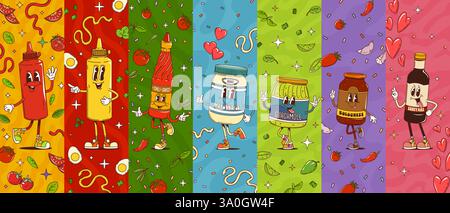 Cartoon-Collage mit groovigen Soße-Flaschenfiguren. Vector Vector VIBRANT y2k-Gewürze einschließlich Ketchup, Senf, Chili-Sauce, Mayonnaise, Guacamole, Bolognes Stock Vektor
