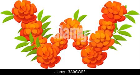 Zeichentrickfilm mexikanische Schriftart Ringelblume Buchstabe W. Tag der Toten Blumendekoration ABC Schriftzeichen. Mexikanische Dia de los Muertos Festival Vektor Englisch t Stock Vektor
