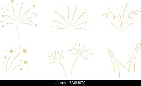 Wunderschönes Feuerwerk, Salute und Feuerwerkskörper. Festliche Explosionen mit Glitzern und Sternen, Illustration im Sketch-Stil. Dekoration für Neujahr Stock Vektor