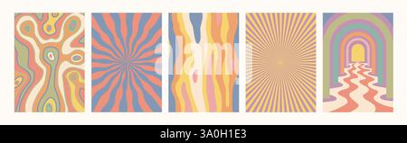 Abstraktes psychedelisches Retro-Muster-Set. Groovige Hintergründe in Retro-Farben. Trendige verdrehte, funky Vektortextur im abstrakten y2k-Stil. Vektorgrafik Stock Vektor