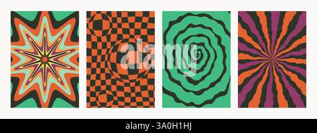 Abstraktes psychedelisches Retro-Muster-Set. Groovige Hintergründe in lebendigen Farben. Trendige, flippige Vektortexturen im abstrakten y2k-Stil. Vektorgrafik für Stock Vektor
