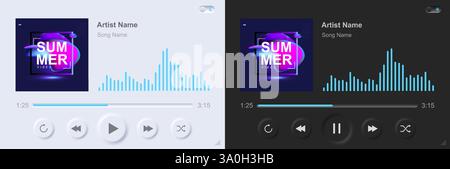 Moderne Musik-Player-Schnittstelle. Minimalistisches, pneumorphes Design. Helle und dunkle Version. Tag- und Nachtmodus. Vektor-Audio-Anwendung. Bearbeitbare Benutzeroberfläche, UX Stock Vektor