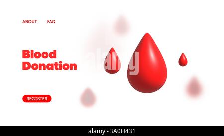 Webdesign der Blutspendekampagne mit fettgedrucktem rotem Text, glänzenden 3D-Bluttropfen und einer Schaltfläche „Registrieren“ auf einem sauberen weißen Hintergrund. Modernes Gesundheitswesen Stock Vektor