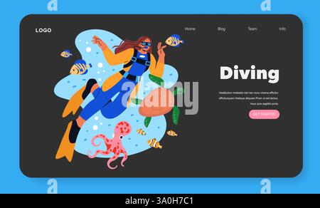 Tauchkonzept. Unterwasserabenteuer mit einem Taucher, der die Unterwasserwelt erforscht. Die Szene umfasst farbenfrohe Fische, eine Schildkröte und einen Oktopus. Diese Abbildung fördert die Meeresforschung und das Umweltbewusstsein. Vektorabbildung. Stock Vektor