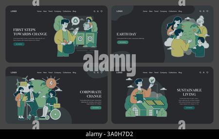 Illustration zum Tag der Erde, in der sich Menschen aktiv um die Umwelt kümmern. Die Bilder betonen Recycling, Nachhaltigkeit und Engagement der Gemeinschaft für ökologische Initiativen. Vektorabbildung. Stock Vektor