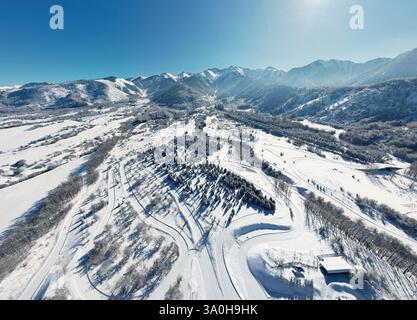 Blick von der Drohne auf den Skiresort-Komplex, der mit weißem Schnee und Fichtenwald bedeckt ist. Tien Shan Berg in Kasachstan Stockfoto