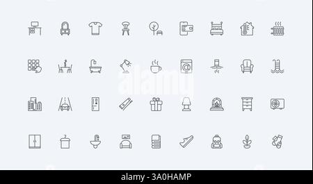 Küchenmaschinen und Geräte, Kamin und Bett dünne schwarze Umrisssymbole Vektorillustration. Möbel, Haushaltsgeräte, Inneneinrichtung der Wohnung für das tägliche Leben, Symbol Set Stock Vektor