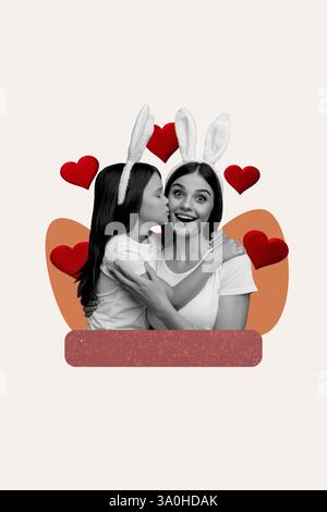 Vertikale Foto-Collage junge glückliche fröhliche Frau Kaninchen Ohren Tochter osterfeiertag Küssen Liebe entzückende Mottoparty Stockfoto
