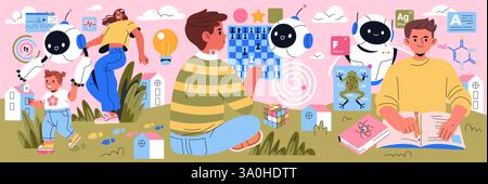 Übergeordnetes AI Co-Konzept. Die Illustration zeigt Kinder, die an Bildungsaktivitäten teilnehmen, zusammen mit KI-Begleitern. Die Szene spiegelt Zusammenarbeit, Lernen und Innovation in einer förderlichen Umgebung wider. Vektorabbildung. Stock Vektor
