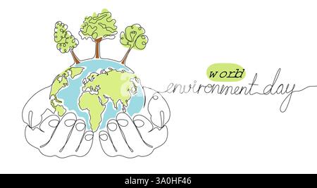 Minimalistische, durchgehende, einzeilige Zeichnung einer Hand, die die Erde mit Bäumen hält, symbolisiert den Weltumwelttag. Stock Vektor