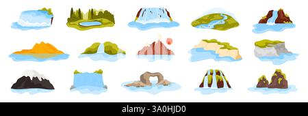 Berühmte Wasserfälle, Flüsse und Seen der Welt spielen. Naturdenkmäler Sammlung mit Niagara und Victoria Falls, White Cliffs of Dover und Halong Bay Rocks, Angel Falls Cartoon Vektor Illustration Stock Vektor
